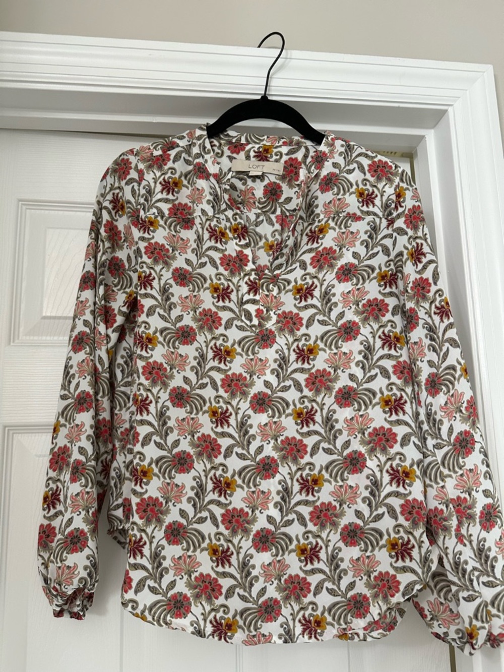 LOFT Floral Button-Front Blouse in White, Pink & Olive